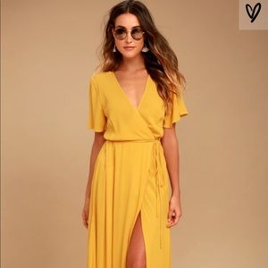 Lulu’s Much obliged golden yellow wrap maxi dress